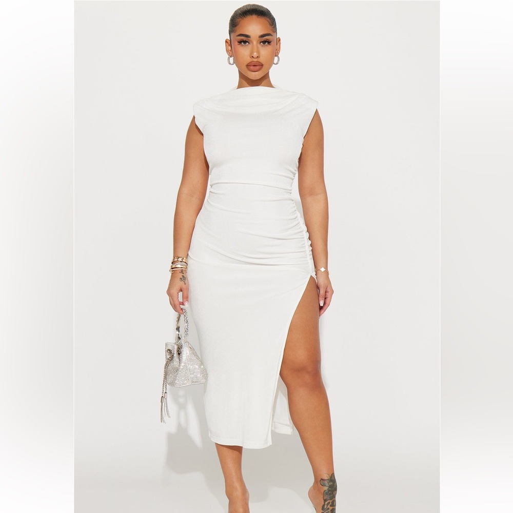 FASHIONNOVA ALICE RUCHED MIDI DRESS WHITE